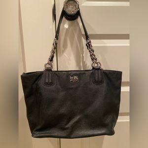 Coach Black Smooth Leather Silver Chain Link Madison Shoulder Tote Bag Purse